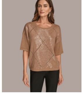 Donna Karan Metallic Fawn (Camel) Scoop Neck Sweater